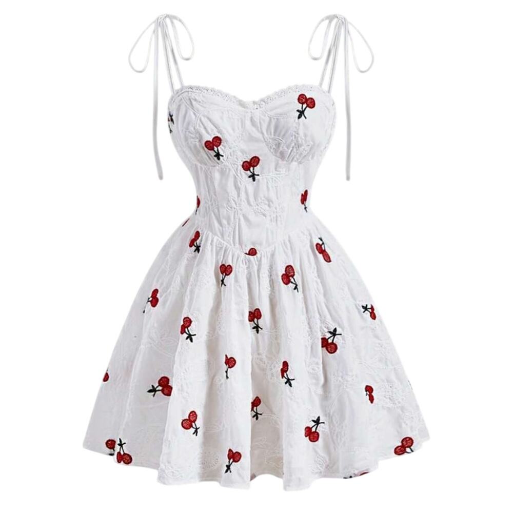 White Cherry Print Mini Slip Dress SIZE 4 Sundress Fit Flare Rockabilly Romantic
